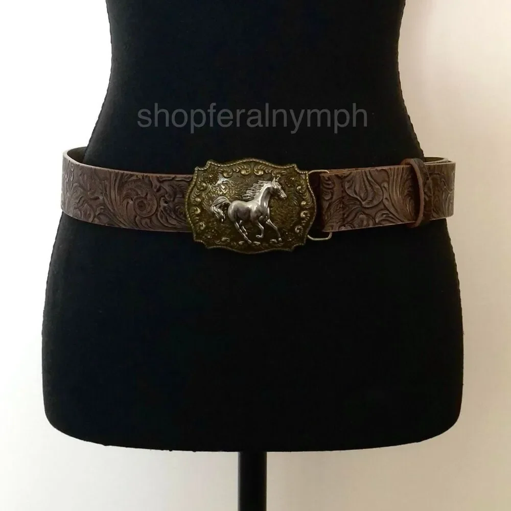 Vintage Ornate Western Brown Faux Leather Belt, Fits 28.5–39 Inches, X7GA1213